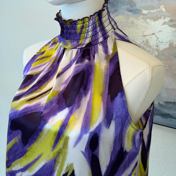 Vintage Y2K A. Byer Halter Top Smocked Neck & Waist Purple Lime Abstract Print - Picture 3 of 16
